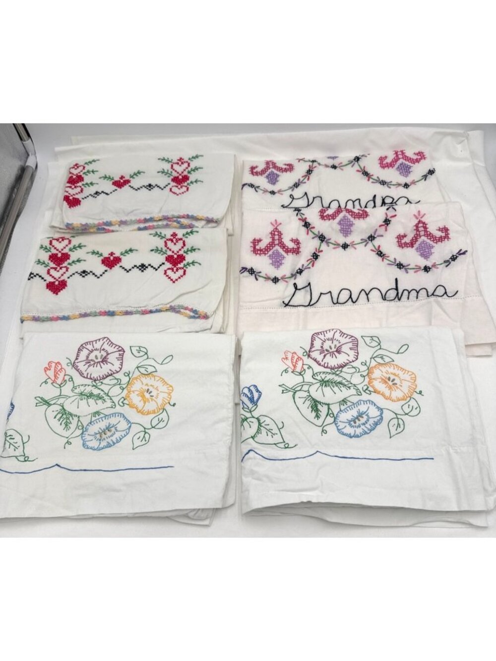 Set of 3 Vtg Hand-Embroidered Pillowcases Floral & Heart & Grandma & Grandpa